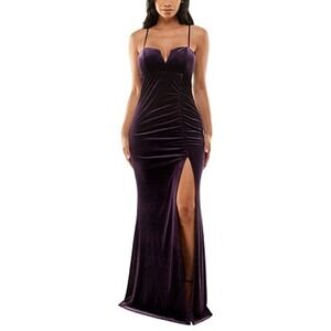 Emerald Sundae XS Velvet Notch-Front Slit Gown Purple Ruched Maxi Formal Dress‎